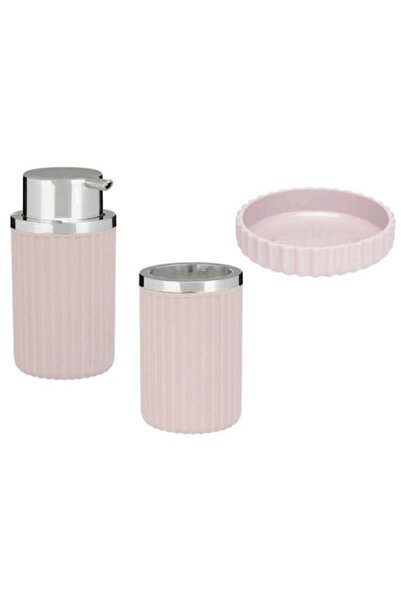 BERILO 3-piece bathroom set, pink plastic with soap dispenser, toothbrush holder and soap dish
