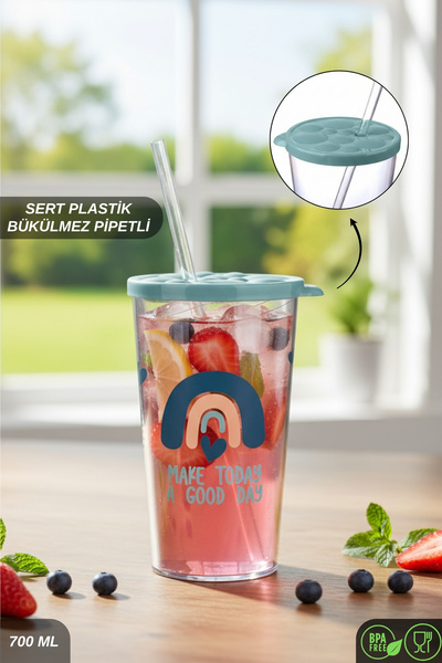 ELDİPA 700 ml Patterned Cold Drink Cup Bpa-Free Hard Plastic Unbreakable Tumbler with Straw Lid