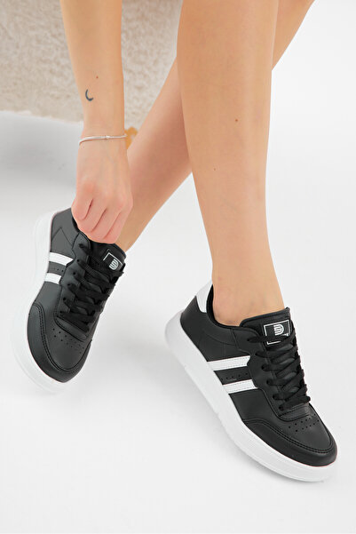 Tonny Black Unisex Black and White Thick Faylon Lightweight Sole Striped Lace-Up Sneakers