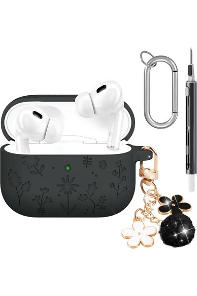 Yelajoy AirPods Pro 3 Case,Cute with Cherry Blossom Keychain&Cleaning Kit,Silicone Shockproof,Dark Gray