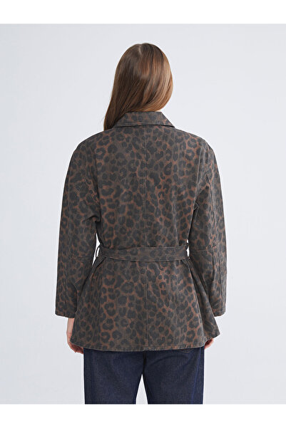 LC Waikiki Classic Brown Leopard Print Belted Women's Jean Jacket