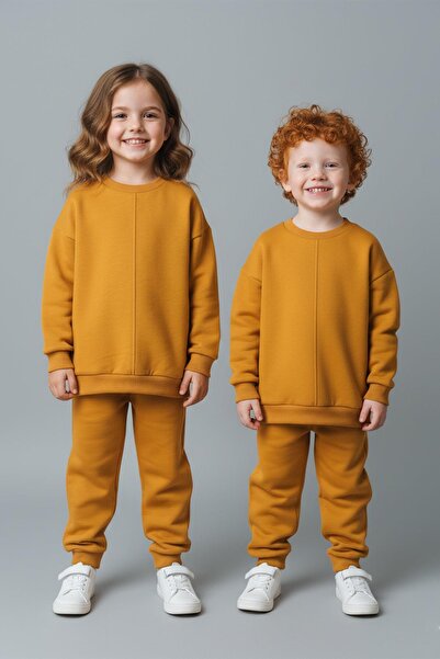 LUESS Unisex Çocuk Dikiş Detaylı 3 İplik Hardal Alt Üst Takım