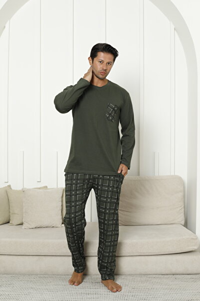 Line Smart Men's 100% Organic Natural Cotton Plaid High Quality Long Sleeve Pajama Set with Pocket Detail