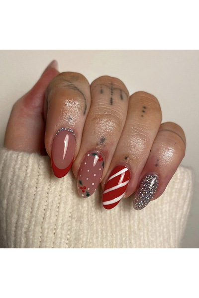 TipsArt Yılbaşı Desenli Kırmızı French Simli Badem Takma Tırnak Seti (24 Adet)