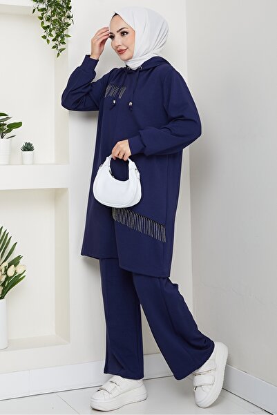 Bestenur Chain Detail Double Suit 1660 - Navy Blue