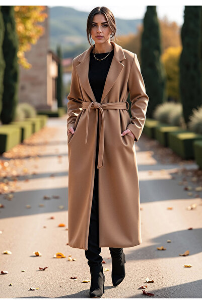 Figl Women's coat with belt - Women's classic coat - Beige coat M1114 size L/XL