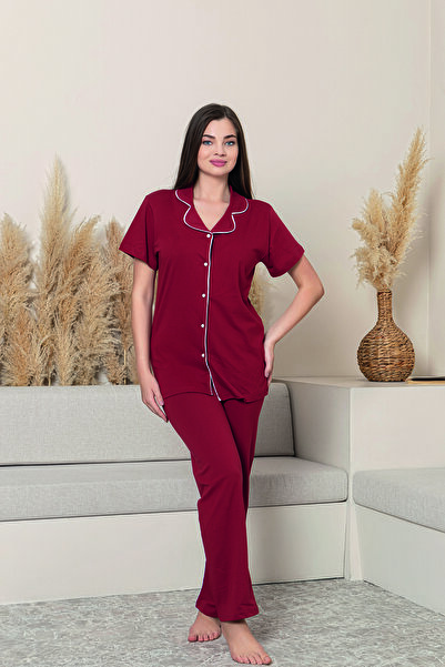 FORMO Women's 100% Cotton Piping High Quality Shirt Collar Button Short Sleeve Battal Pajama Set