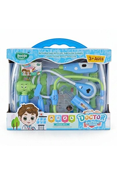 babydoor 11 Parça Işıklı Çantalı Doktor Seti Mavi Doktor Çantası Steteskop Ço...