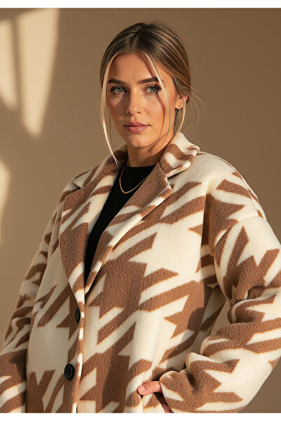 Figl Houndstooth Coat - Elegant Coat for Women - Beige Coat M1112 size Universal