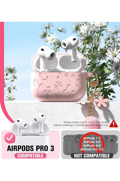 Yelajoy AirPods Pro 3 Case,Cute with Cherry Blossom Keychain&Cleaning Kit,Silicone Shockproof,Light Pink