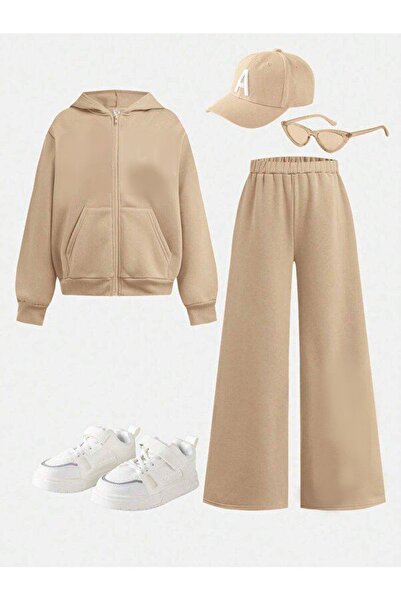 buendiakids Unisex Çocuk Bej Fermuarlı Kapşonlu-Bol Eşofman Takımı