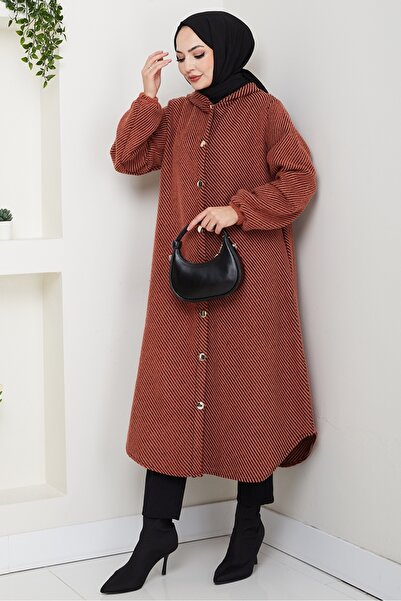 Bestenur Çizgi Detay Kapüşonlu Kaşe Kap 1634 - Kiremit