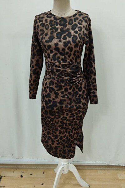 Mossta Φόρεμα με μακρύ μανίκι με λαιμόκοψη μίντι μήκους άνοιγμα Modal - Leopard