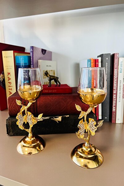 AZELON DEKORATİF ŞIK SUNUMLARINIZ İÇİN ALTIN KAPLAMA TAŞLI KELEBEK MODEL 2 Lİ SET KADEH