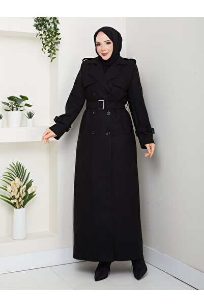 Moda İncir Double-Breasted Collared Coat with Embroidered Embroidery