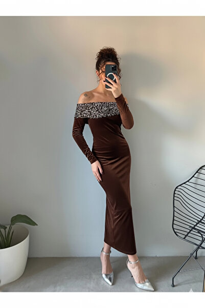 Marbella Women's Sequined Madonna Collar Velvet Stylish Evening New Year's Dress