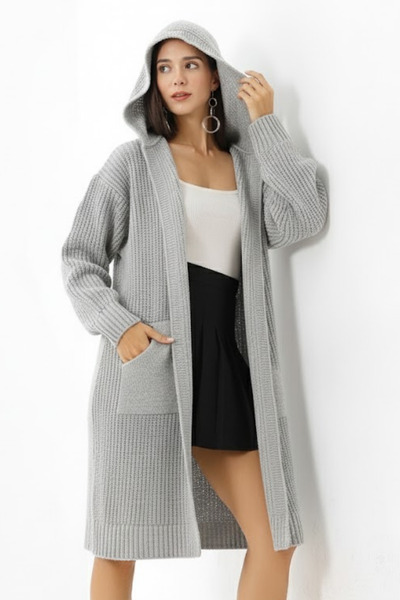 Marvine Women's Gray Oversized Pocket Hooded Knitwear Cardigan