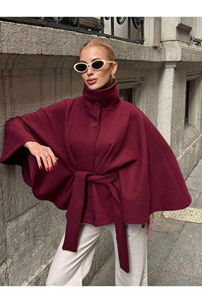 Le Savu Trend Model Burgundy Colored Cashmere Fabric Women's Poncho