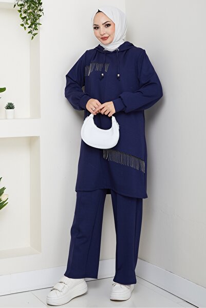 Bestenur Chain Detail Double Suit 1660 - Navy Blue