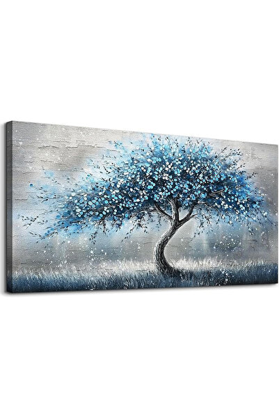 Today Idea لوحة فنية جدارية تجريدية من القماش لشجرة زرقاء لغرفة المعيشة، مقاس 100×50 سم، جاهزة للتعليق