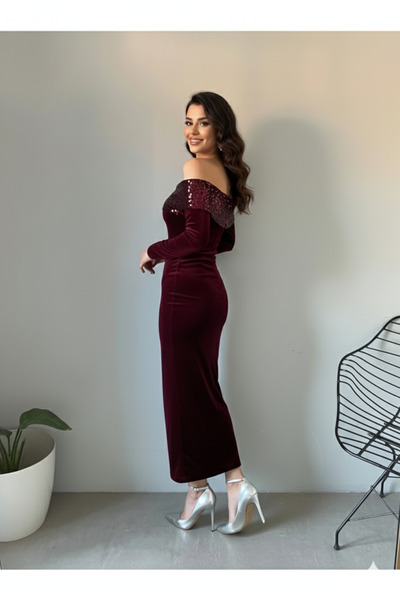 Marbella Γυναικείο φόρεμα με παγιέτες με βελούδινο γιακά Madonna, κομψό βραδινό φόρεμα για την Πρωτοχρονιά