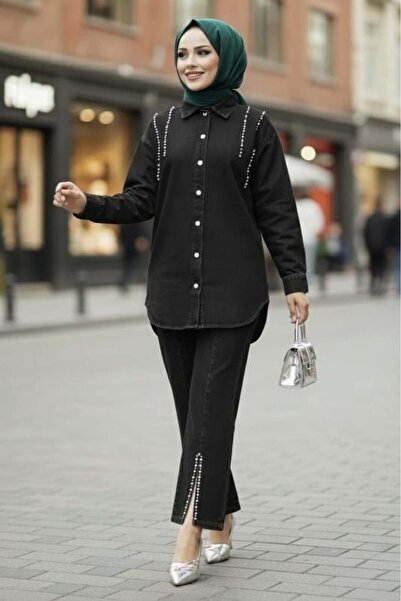 Hb Harma Time Butik Women's Denim Jacket Pants Two-Piece Denim Black Set