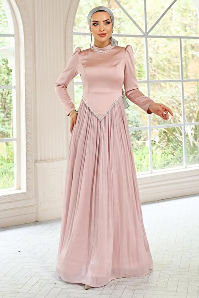 Olcay Stone Detailed Skirt Pleated Satin and Yoryo Silk Hijab Evening Dress Pudra 1046