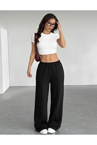 LACKH Γυναικείο παντελόνι φούτερ άνετο ελαστικό ύφασμα μαύρο φαρδύ πόδι με κορδόνια