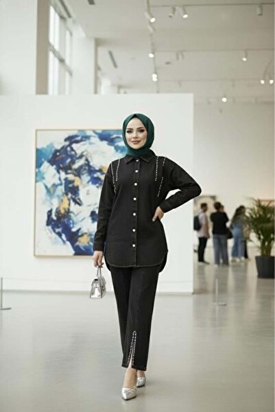 Hb Harma Time Butik Women's Denim Jacket Pants Two-Piece Denim Black Set