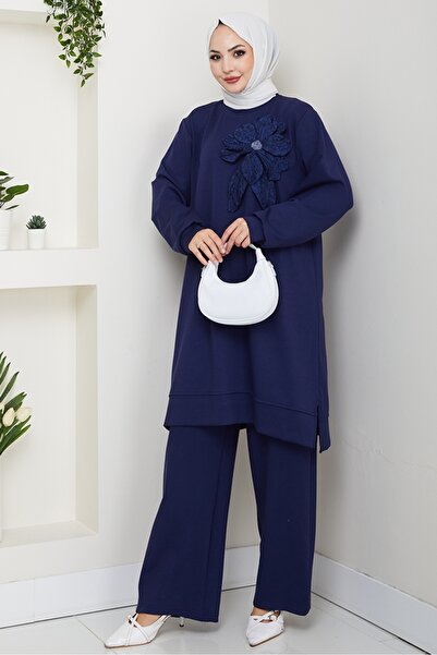 Bestenur Floral Detail Double Suit 1662 - Navy Blue