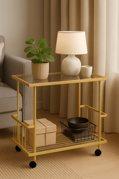 DEKOPRATİK Fuji Yan Sehpa - Tekerlekli Gold Metal Gövdeli Füme Cam Üst Tablalı Yan Sehpa - Servis Sehpası