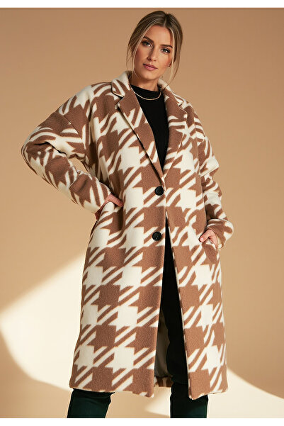 Figl Houndstooth Coat - Elegant Coat for Women - Beige Coat M1112 size Universal