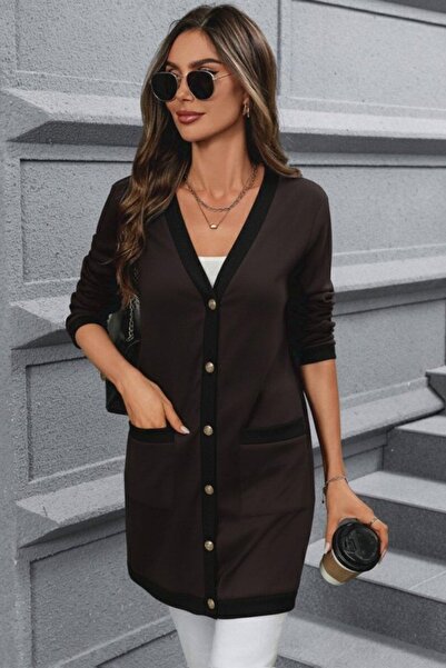Mossta V-Neck Buttoned Piped Detail Modal Jacket - Brown
