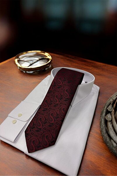 Sarar Microfibre 8 cm Shawl Pattern Black Claret Red Tie