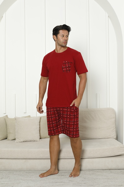 FORMO Men's 100% Organic Natural Cotton Plaid Pocket Detail High Quality Short Sleeve Shorts Pajama Set