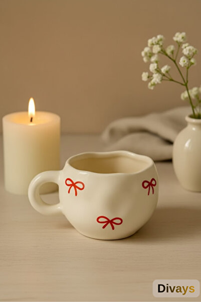 DİVAYS Handmade Large Size Ceramic Bow Printed Mugs |   Design Handmade Mug Cup