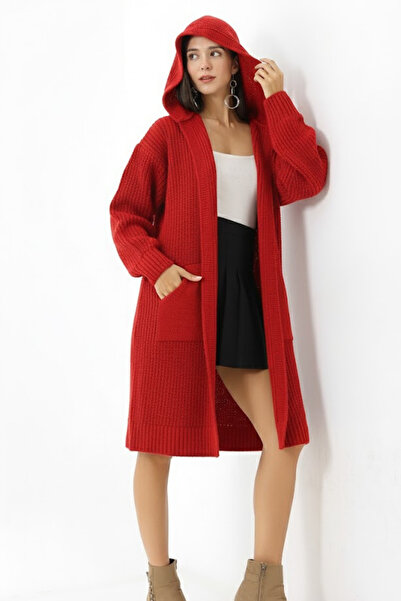 Marvine Women's Red Oversized Pocket Hooded Knitwear Cardigan