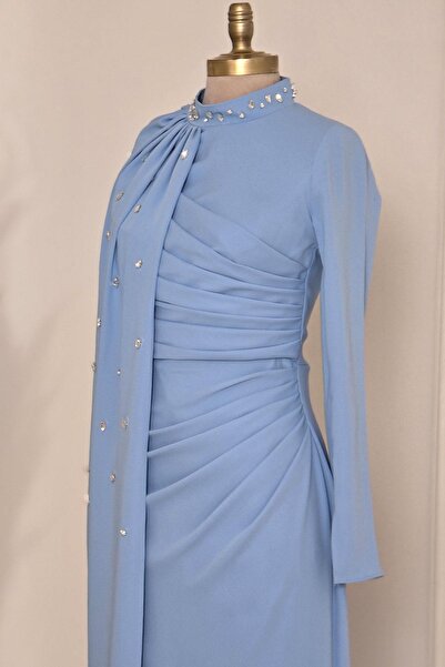 Yonca Moda Evi BEBE MAVİSİ Şal Detaylı Tesettür Abiye 5478