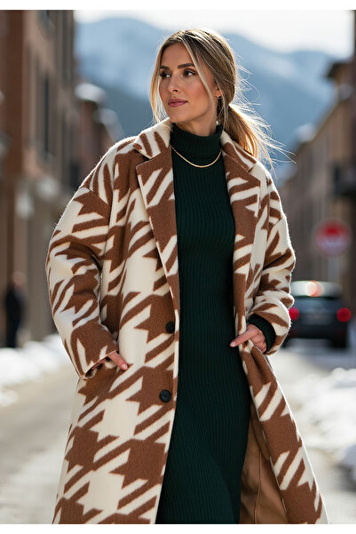 Figl Houndstooth Coat - Elegant Coat for Women - Beige Coat M1112 size Universal