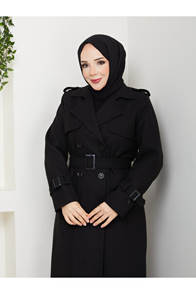Moda İncir Double-Breasted Collared Coat with Embroidered Embroidery