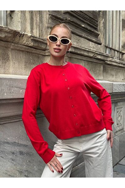 Le Savu Trend Model Red Colored Knitwear Fabric Button Detailed Cardigan