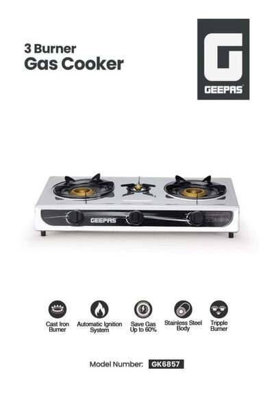 Geepas 3-Burner Gas Cooker GK6857, Stainless Steel, Auto Ignition, LPG, Silver