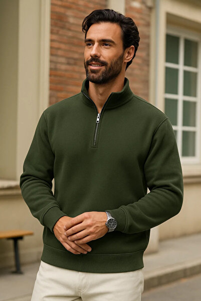 DAMGA JEANS سويت شيرت رجالي شتوي كاكي قصة فضفاضة بسحابات