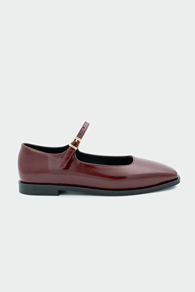 LAMİNTA Flue Burgundy Women's Leather Buckle Flat Ballet Flats