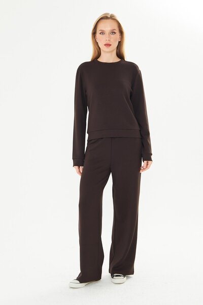 TRENDHİLL Women's Modal Fabric Comfortable Fit Tracksuit Set Brown 8510-K