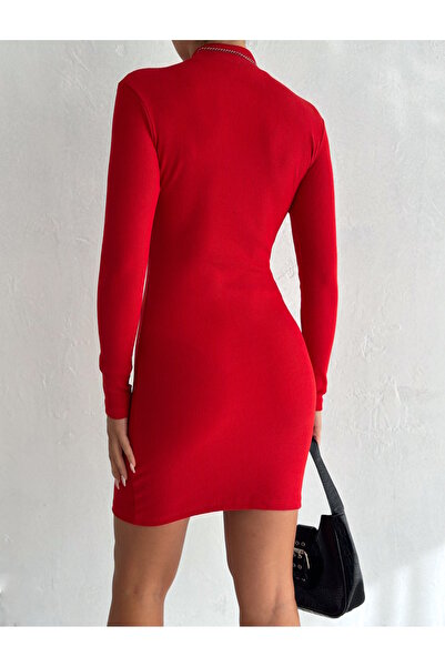 MaxiMor Women's Flexible Ribbed Knit Fabric Mock Neck Long Sleeve Office Dress Length 90 cm