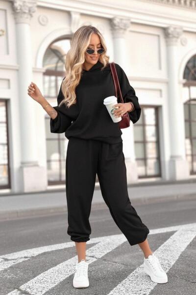 Mossta Hooded Viscose Two Thread Blouse Pants Double Suit - Black