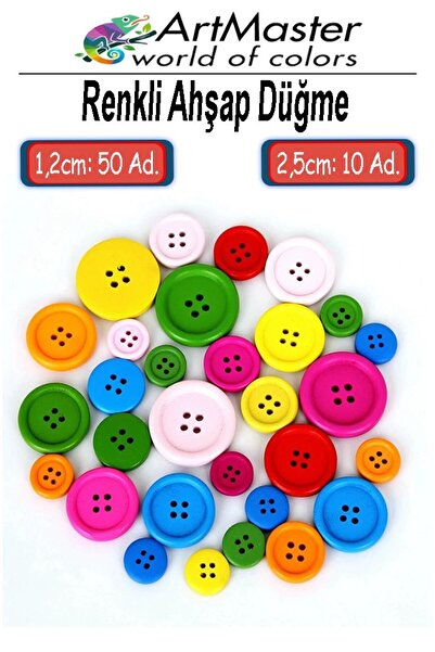 Artmaster Renkli Ahşap Düğme 60 Adet 1 Paket Sanat Etkinlik Okul Kreş Anasını...