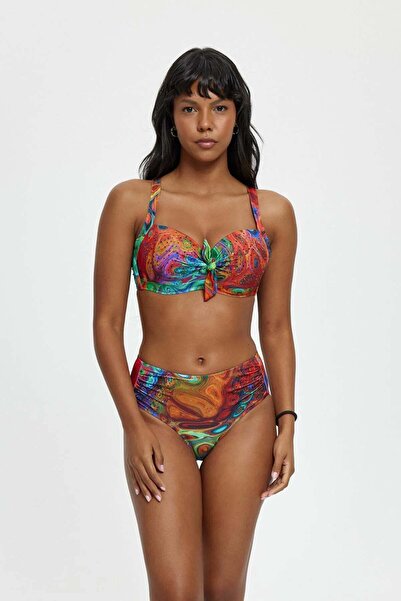 Louren B11061 εφέ σύσφιξης Σετ μπικίνι με λεπτομέρεια από πέτρα με κενό κάλυμμα - Κόκκινο