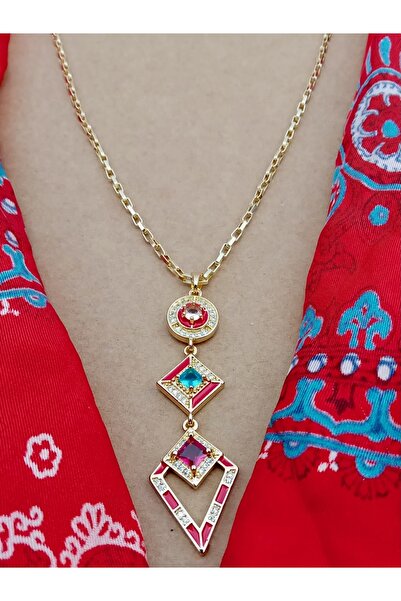 Orelia Takı Üç Parçalı Kırmızı Zirkon Taşlı Zincir Kolye